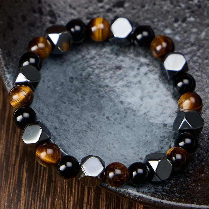 Buddha Stones Bracelet de protection facetté en obsidienne noire, œil de tigre et hématite. - image 1