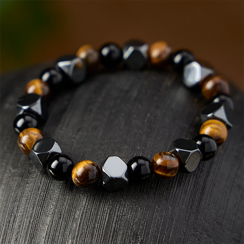 Buddha Stones Bracelet de protection facetté en obsidienne noire, œil de tigre et hématite. - image 2