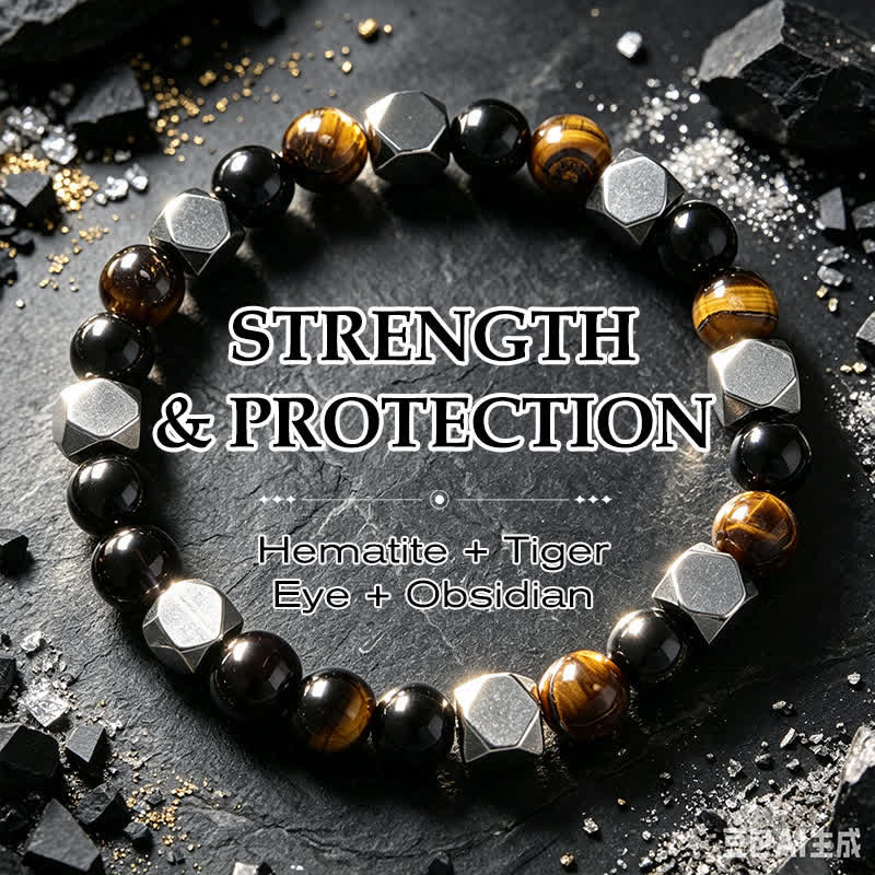 Buddha Stones Bracelet de protection facetté en obsidienne noire, œil de tigre et hématite. - Œil de tigre en obsidienne noire hématite (Tour de poignet : 15-16 cm) - image 0