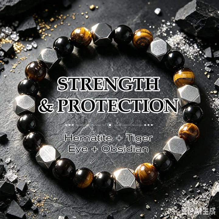 Buddha Stones Bracelet de protection facetté en obsidienne noire, œil de tigre et hématite. - Œil de tigre en obsidienne noire hématite (Tour de poignet : 15-16 cm) - image 0