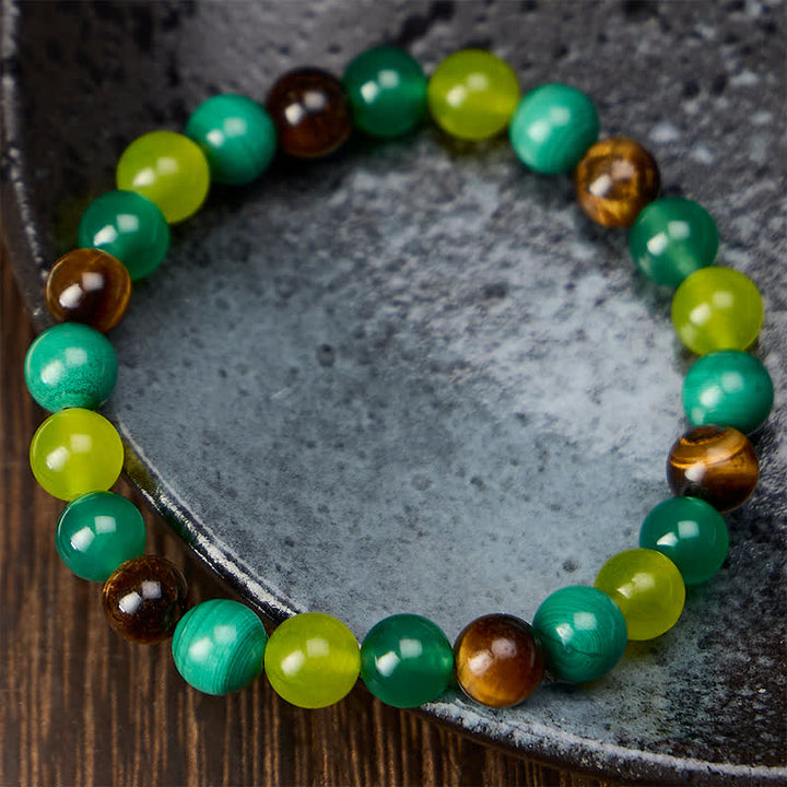 Buddha Stones Bracelet Courage en œil de tigre, malachite, jade cyan et agate verte - image 1