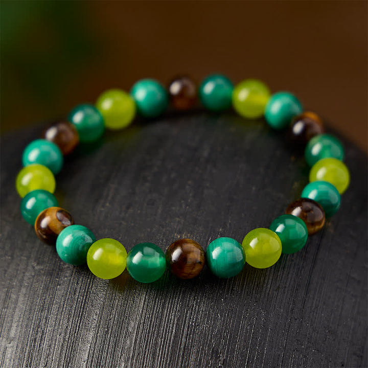 Buddha Stones Bracelet Courage en œil de tigre, malachite, jade cyan et agate verte - image 2