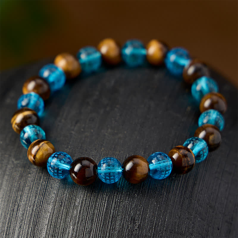Buddha Stones Bracelet rond en perles de verre Liuli œil de tigre bleu, symbole de courage - image 3