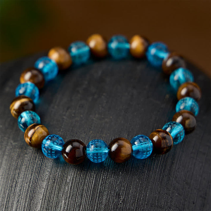 Buddha Stones Bracelet rond en perles de verre Liuli œil de tigre bleu, symbole de courage - image 3