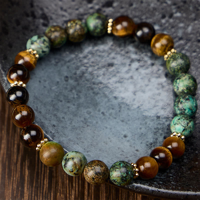 Buddha Stones Bracelet de perles de force en œil de tigre, malachite et agate verte - image 1