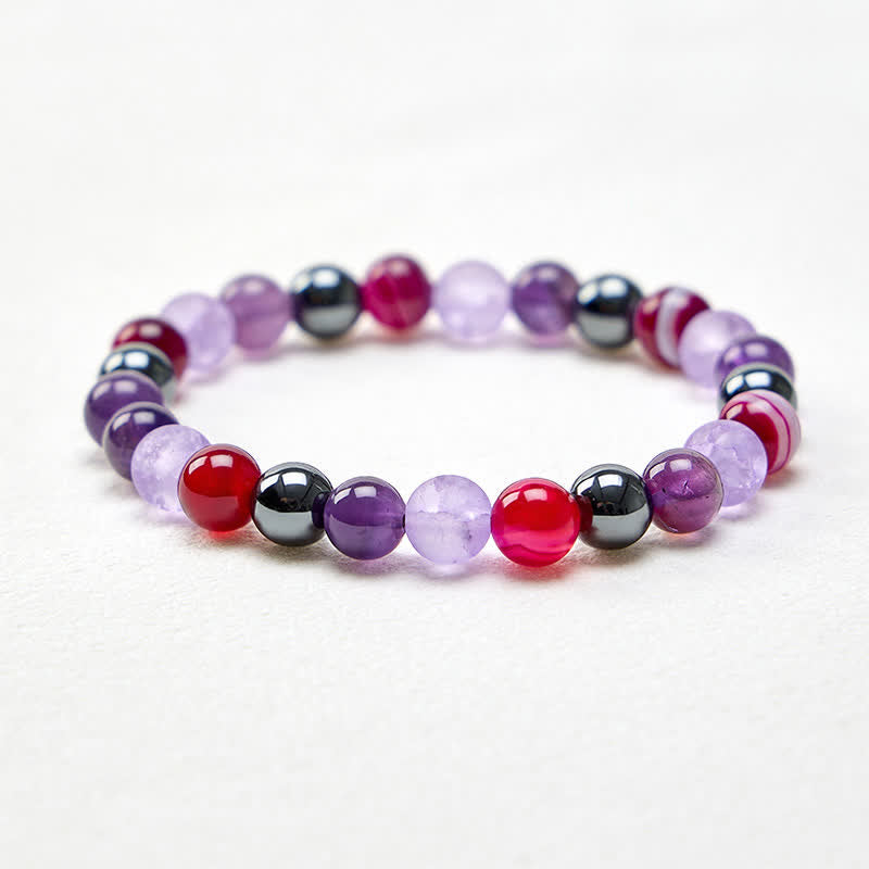 Buddha Stones Bracelet de méditation en améthyste naturelle, agate violette et hématite - image 4