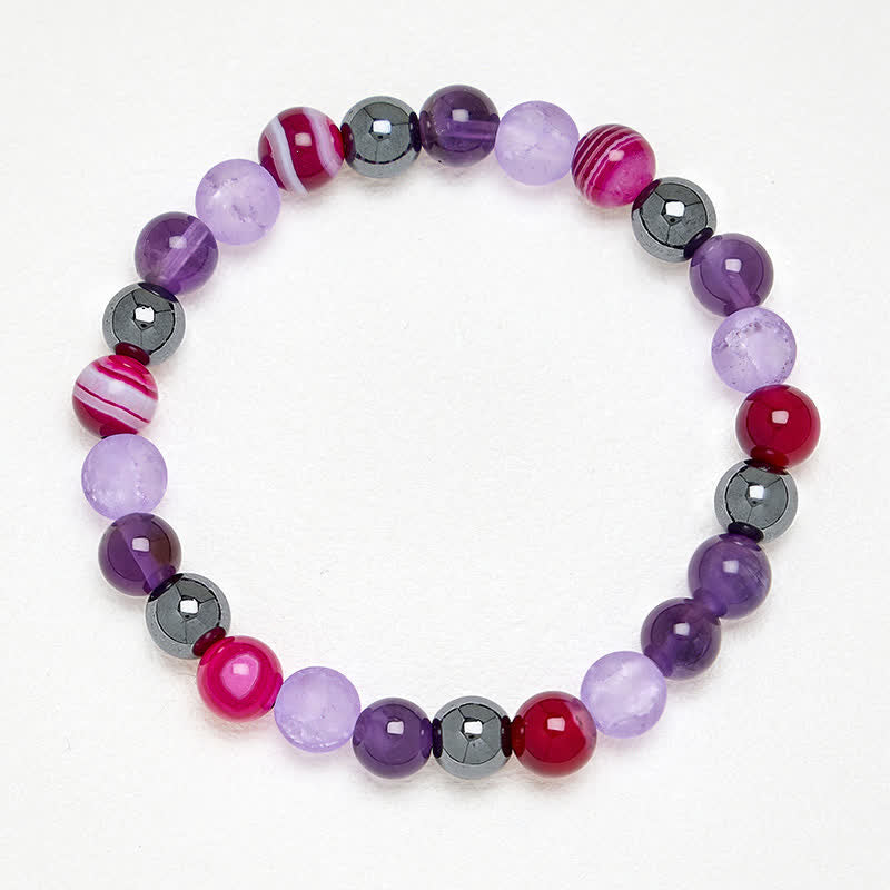 Buddha Stones Bracelet de méditation en améthyste naturelle, agate violette et hématite - image 3