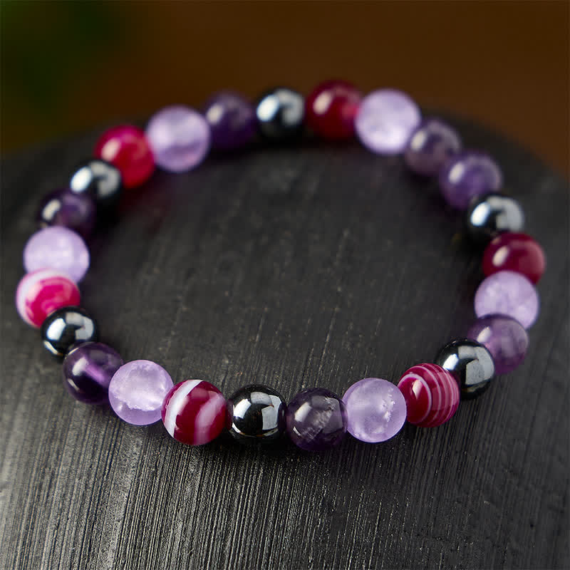 Buddha Stones Bracelet de méditation en améthyste naturelle, agate violette et hématite - image 2