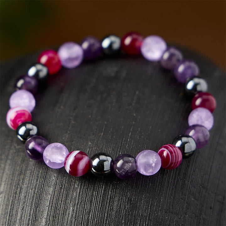 Buddha Stones Bracelet de méditation en améthyste naturelle, agate violette et hématite - image 2