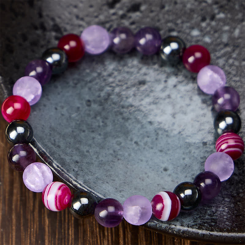 Buddha Stones Bracelet de méditation en améthyste naturelle, agate violette et hématite - image 1