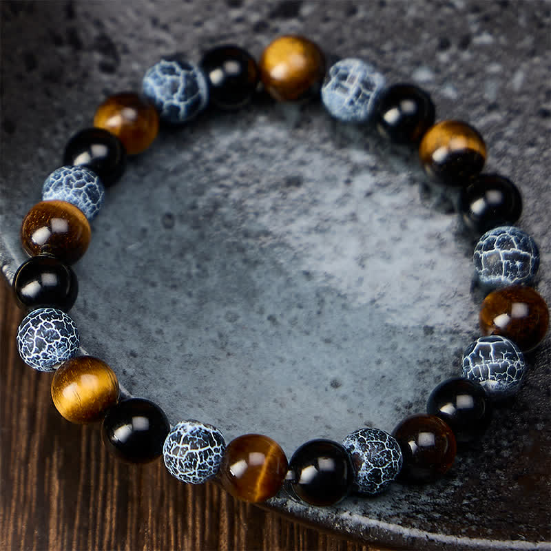 Buddha Stones Bracelet de purification en perles d'obsidienne noire, œil de tigre et agate craquelée, bracelet de perles. - image 1