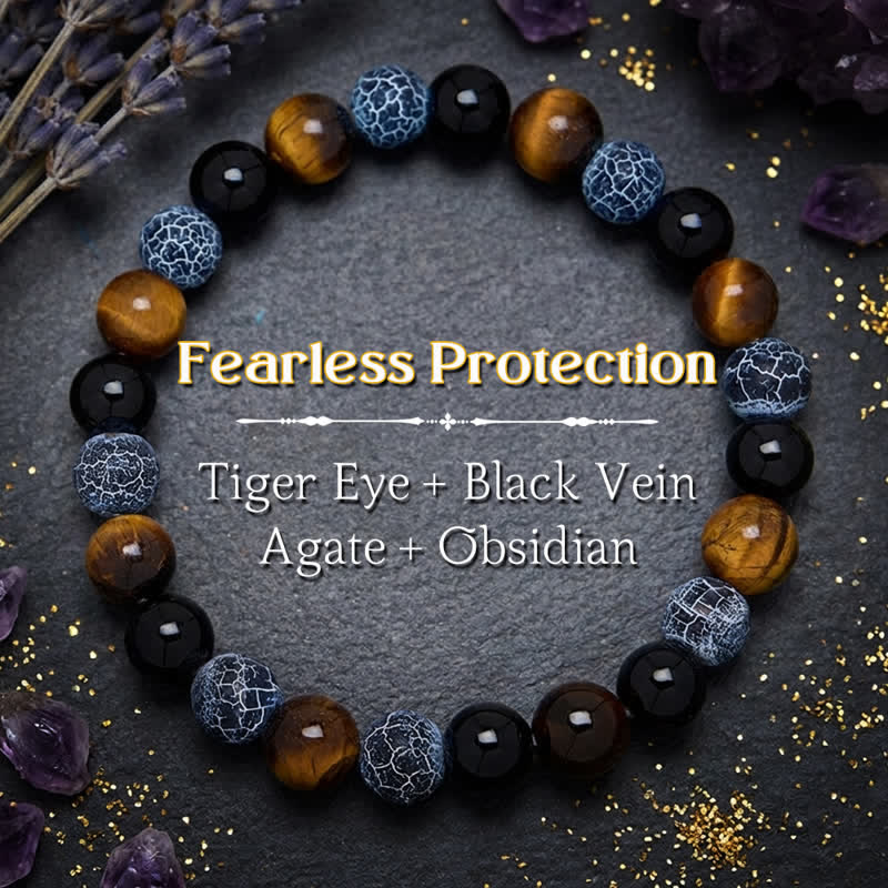 Buddha Stones Bracelet de purification en perles d'obsidienne noire, œil de tigre et agate craquelée, bracelet de perles. - Obsidienne noire (Purification ♥ Transformation) - image 0