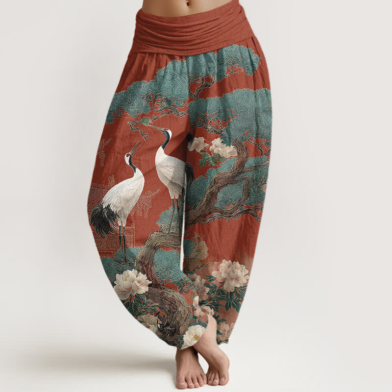 Buddha Stones Pantalon harem à taille élastique pour femme, motif fleurs de grue en coton - Bleuet - US16，UK/AU20，EU48 (3XL) - image 8