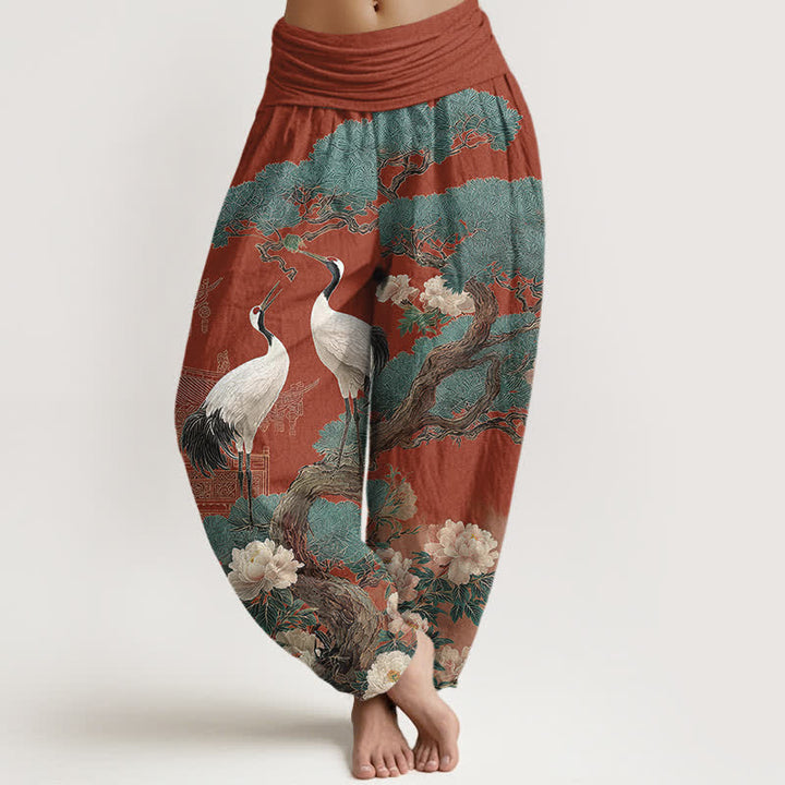 Buddha Stones Pantalon harem à taille élastique pour femme, motif fleurs de grue en coton - Bleuet - US16，UK/AU20，EU48 (3XL) - image 8