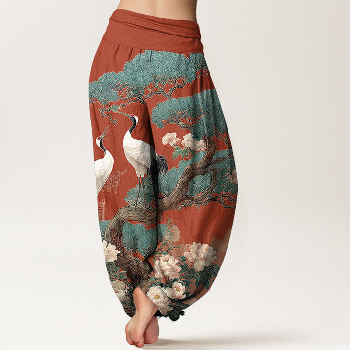 Buddha Stones Pantalon harem à taille élastique pour femme, motif fleurs de grue en coton - image 10