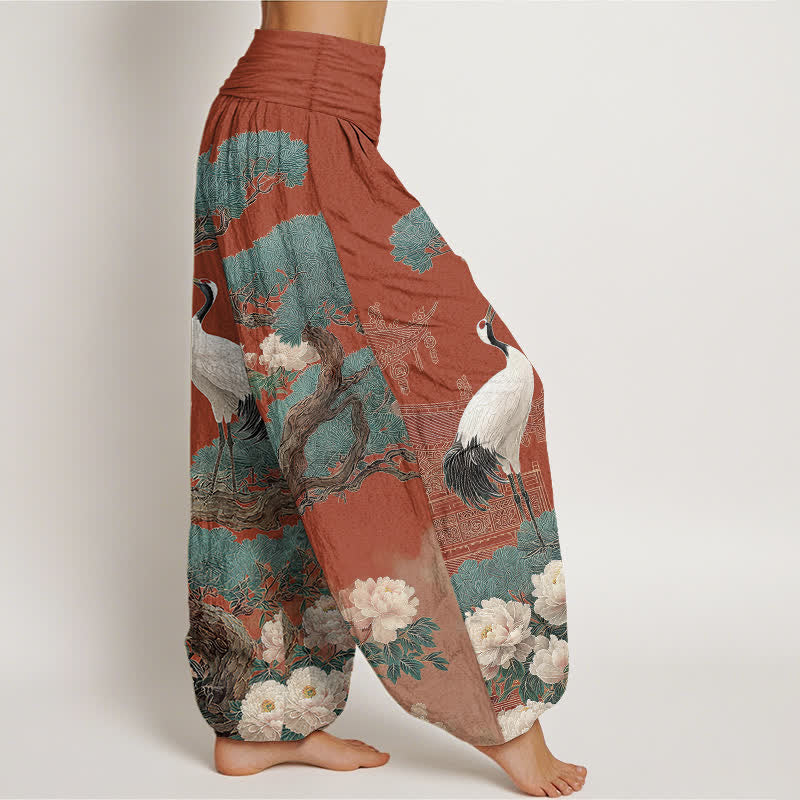 Buddha Stones Pantalon harem à taille élastique pour femme, motif fleurs de grue en coton - image 9