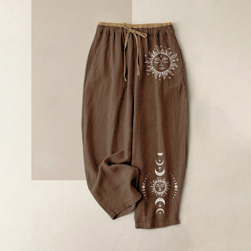 Buddha Stones Pantalon pour femme en pur coton, à taille élastique et poches, motif soleil, lune et étoiles célestes - SaddleBrown - US16，UK/AU20，EU48 (3XL) - image 6