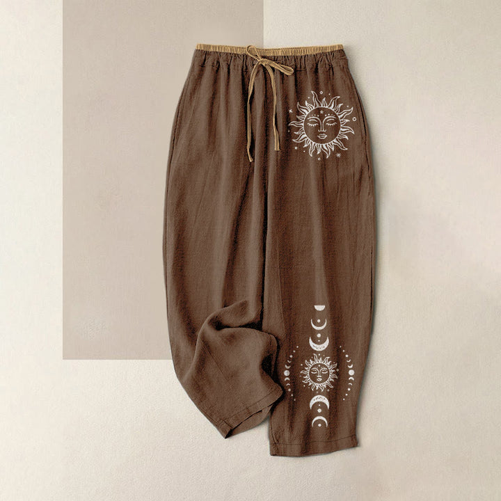 Buddha Stones Pantalon pour femme en pur coton, à taille élastique et poches, motif soleil, lune et étoiles célestes - SaddleBrown - US16，UK/AU20，EU48 (3XL) - image 6