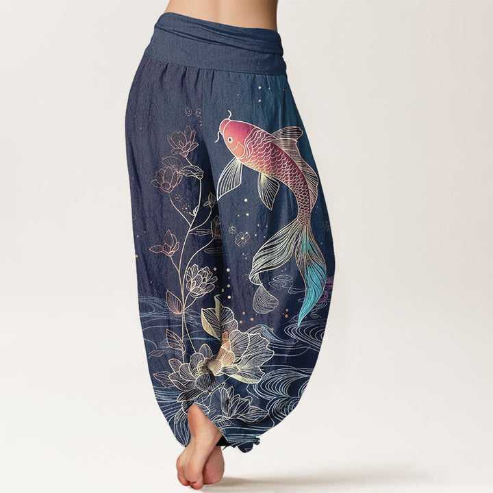 Buddha Stones Pantalon harem en pur coton à taille élastique, motif carpe koi et lotus - image 1