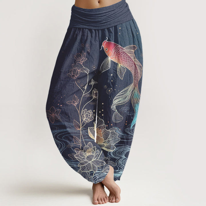 Buddha Stones Pantalon harem en pur coton à taille élastique, motif carpe koi et lotus - Bleu ardoise - US16，UK/AU20，EU48 (3XL) - image 0