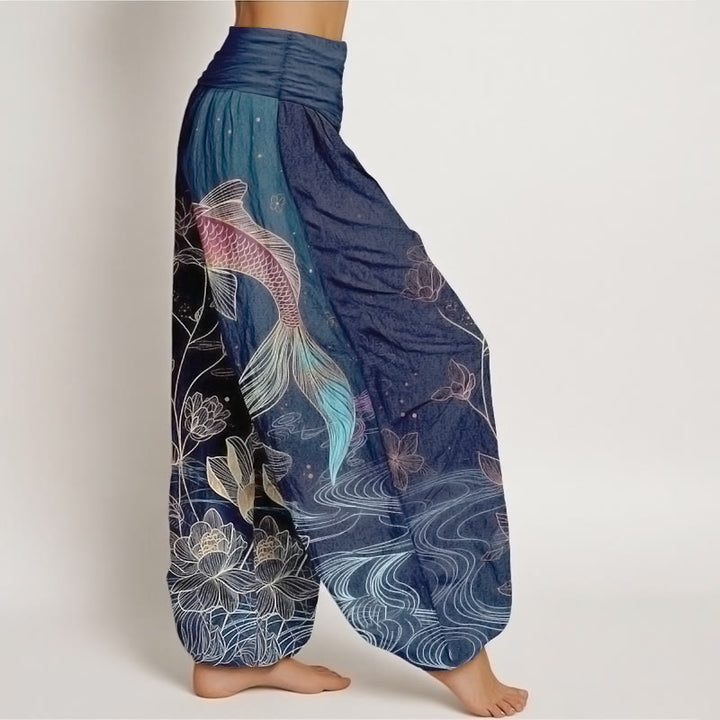 Buddha Stones Pantalon harem en pur coton à taille élastique, motif carpe koi et lotus - image 2