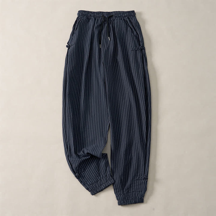 Buddha Stones Pantalon court rayé basique printemps-été à cordon de serrage, coupe fuselée, avec poches - Bleu nuit - US/UK/AU46, EU56 (5XL) - image 0