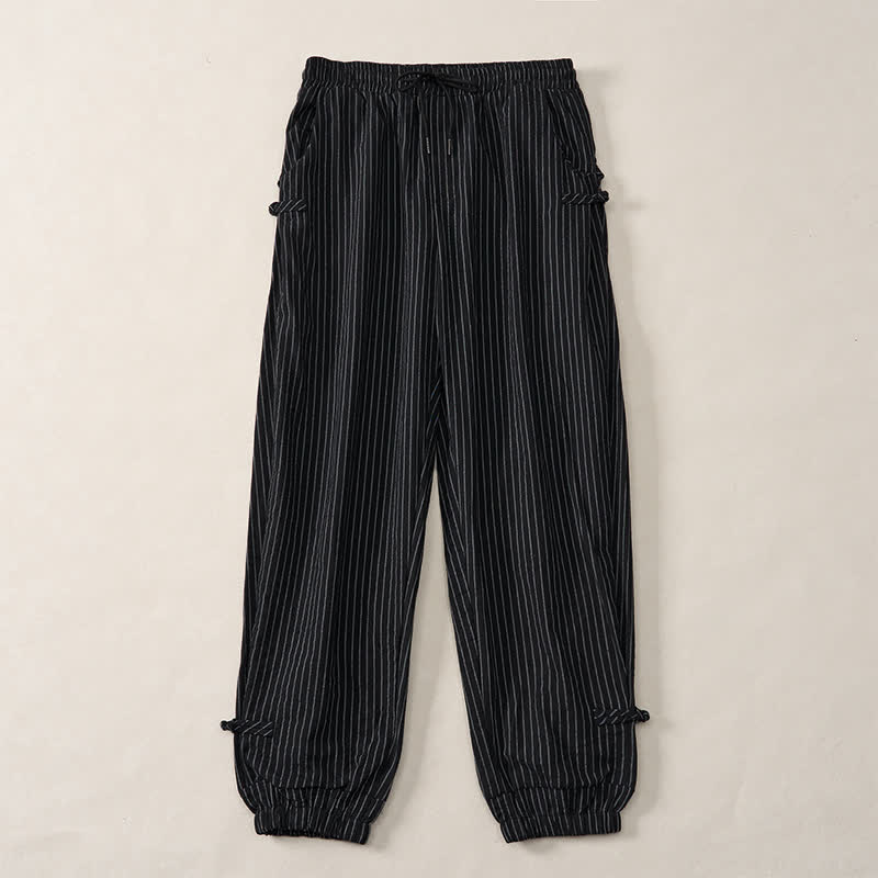 Buddha Stones Pantalon court rayé basique printemps-été à cordon de serrage, coupe fuselée, avec poches - Noir - US/UK/AU46, EU56 (5XL) - image 16