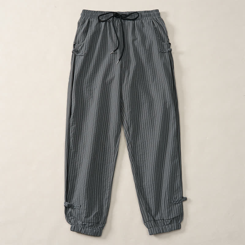 Buddha Stones Pantalon court rayé basique printemps-été à cordon de serrage, coupe fuselée, avec poches - Gris sombre - US/UK/AU46, EU56 (5XL) - image 8