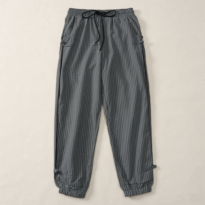Buddha Stones Pantalon court rayé basique printemps-été à cordon de serrage, coupe fuselée, avec poches - Gris sombre - US/UK/AU46, EU56 (5XL) - image 8