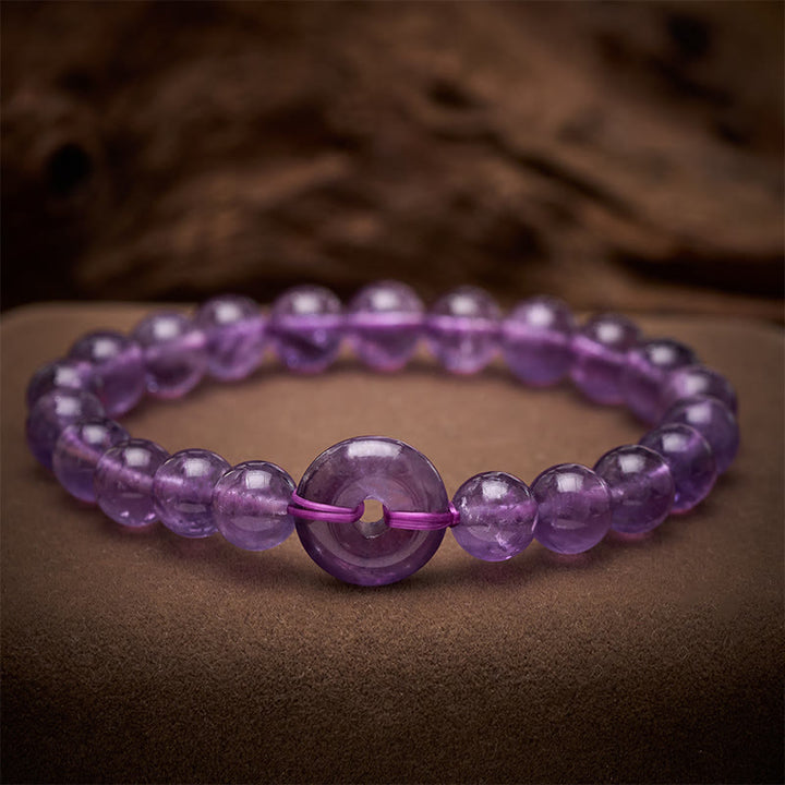 Buddha Stones Bracelet rond poli à la main avec boucle de paix en améthyste pour soulager le stress - Améthyste (Tour de poignet : 15–16 cm) - image 0