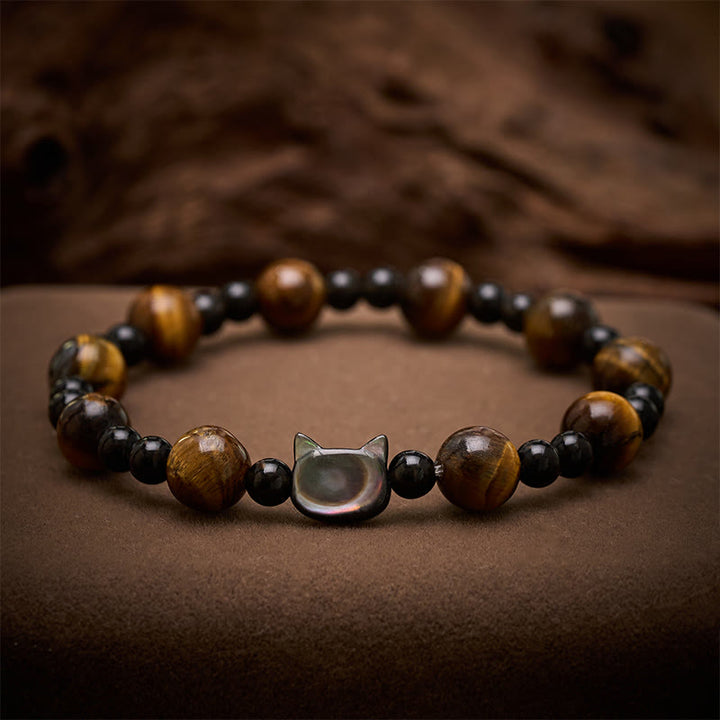 Buddha Stones Bracelet à perles avec breloque chat œil de tigre jaune, symbole de confiance - Œil de tigre (Protection ♥ Force) (Tour de poignet : 15–16 cm) - image 0
