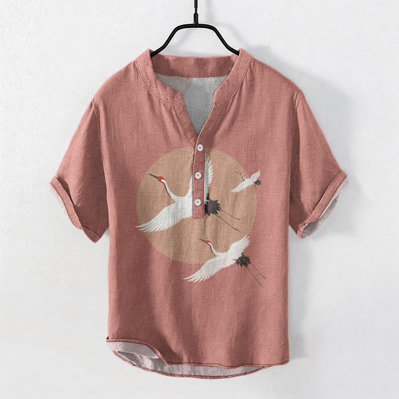 Buddha Stones Chemise homme à manches courtes et demi-boutonnée en coton rouge à motif de grue couronnée - LightCoral - US/UK/AU50，EU60 (5XL) - image 0