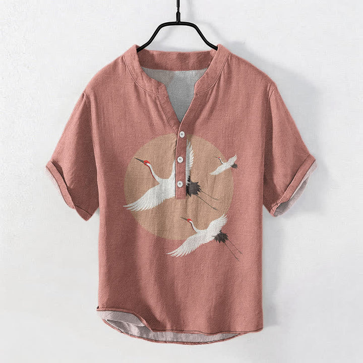 Buddha Stones Chemise homme à manches courtes et demi-boutonnée en coton rouge à motif de grue couronnée - LightCoral - US/UK/AU50，EU60 (5XL) - image 0