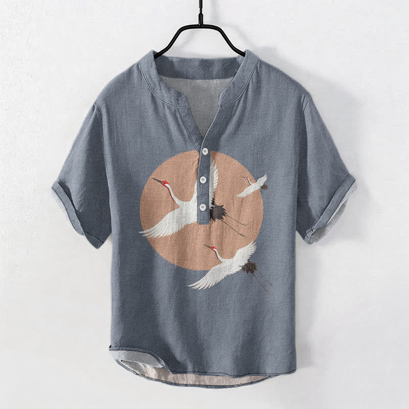 Buddha Stones Chemise homme à manches courtes et demi-boutonnée en coton rouge à motif de grue couronnée - Gris ardoise - US/UK/AU50，EU60 (5XL) - image 5