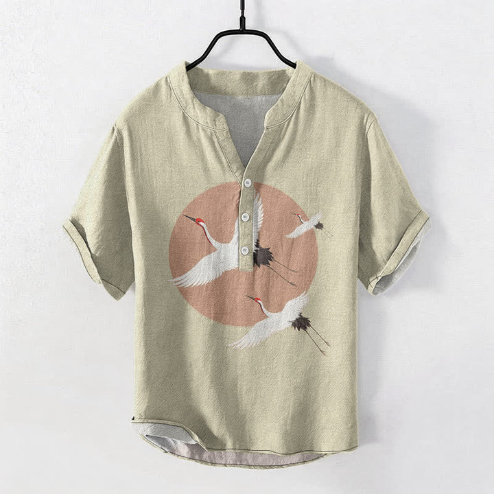 Buddha Stones Chemise homme à manches courtes et demi-boutonnée en coton rouge à motif de grue couronnée - Beige - US/UK/AU50，EU60 (5XL) - image 7