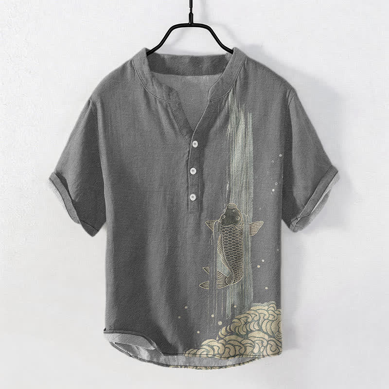 Buddha Stones Chemise à manches courtes et demi-boutonnée pour homme, motif de carpes koï et ondulations de l'eau - Gris - US/UK/AU50，EU60 (5XL) - image 5