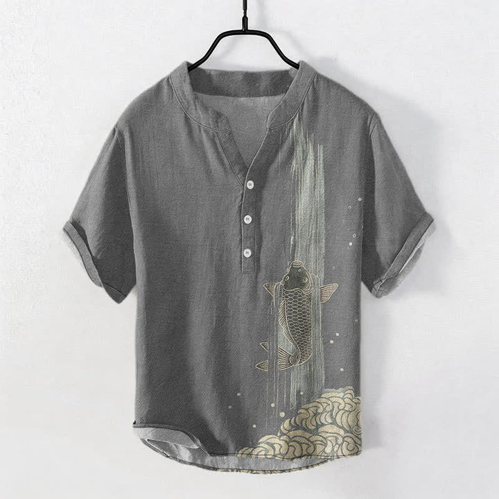 Buddha Stones Chemise à manches courtes et demi-boutonnée pour homme, motif de carpes koï et ondulations de l'eau - Gris - US/UK/AU50，EU60 (5XL) - image 5
