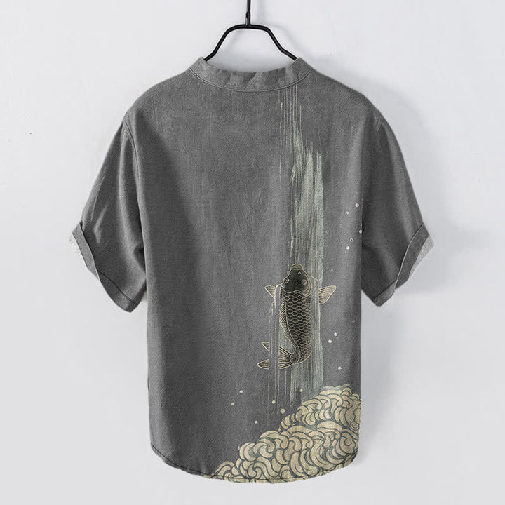 Buddha Stones Chemise à manches courtes et demi-boutonnée pour homme, motif de carpes koï et ondulations de l'eau - image 6