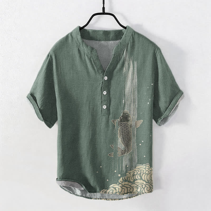 Buddha Stones Chemise à manches courtes et demi-boutonnée pour homme, motif de carpes koï et ondulations de l'eau - Vert foncé - US/UK/AU50，EU60 (5XL) - image 0