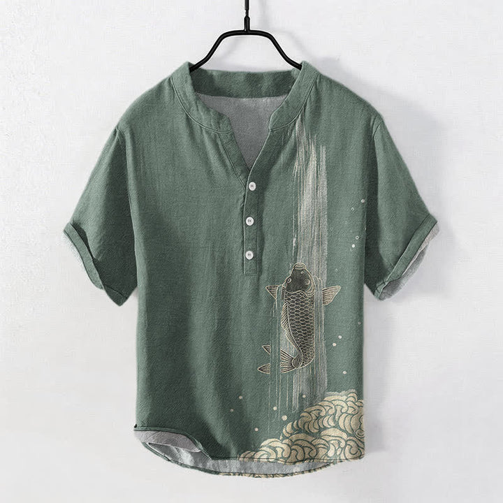 Buddha Stones Chemise à manches courtes et demi-boutonnée pour homme, motif de carpes koï et ondulations de l'eau - Vert foncé - US/UK/AU50，EU60 (5XL) - image 0