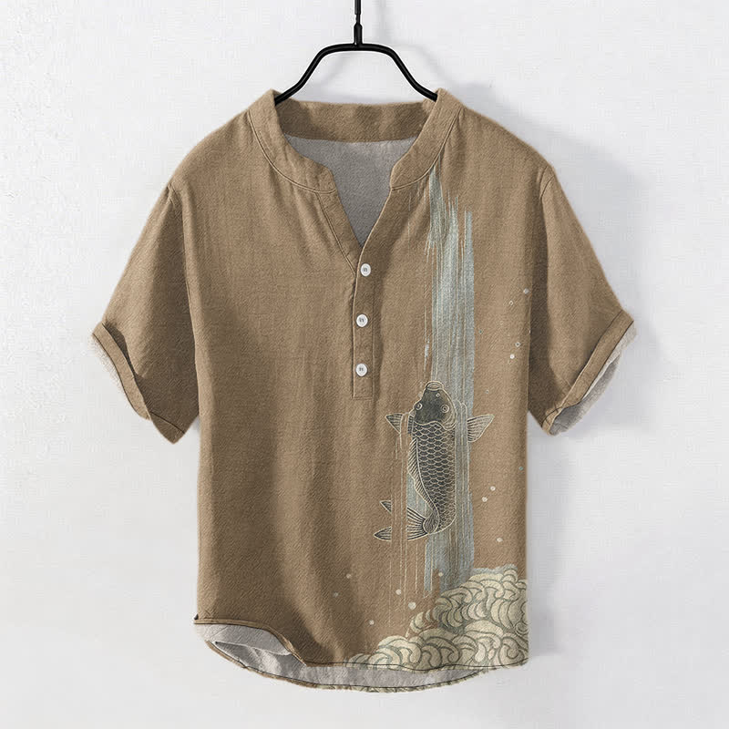 Buddha Stones Chemise à manches courtes et demi-boutonnée pour homme, motif de carpes koï et ondulations de l'eau - Tanné - US/UK/AU50，EU60 (5XL) - image 10