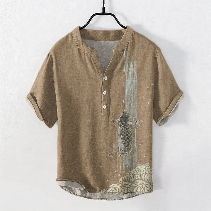 Buddha Stones Chemise à manches courtes et demi-boutonnée pour homme, motif de carpes koï et ondulations de l'eau - Tanné - US/UK/AU50，EU60 (5XL) - image 10