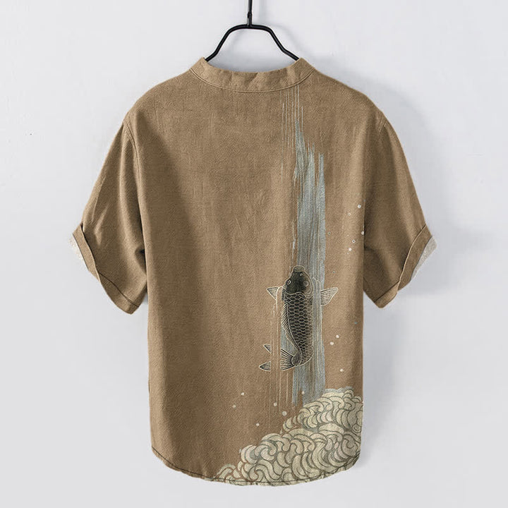 Buddha Stones Chemise à manches courtes et demi-boutonnée pour homme, motif de carpes koï et ondulations de l'eau - image 11
