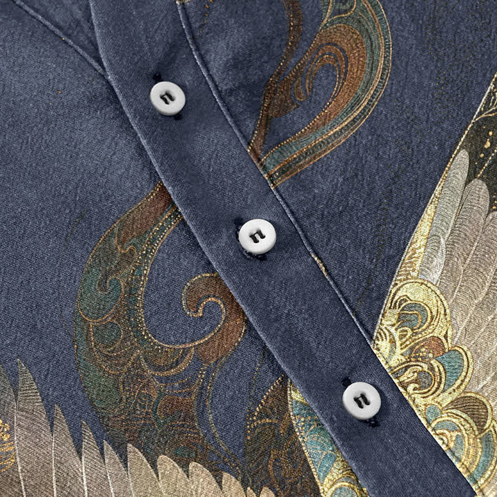 Buddha Stones Chemise homme à manches courtes et demi-boutons en coton doré à motif de grues et de vagues - image 3