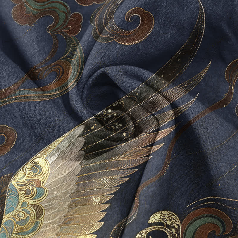 Buddha Stones Chemise homme à manches courtes et demi-boutons en coton doré à motif de grues et de vagues - image 4