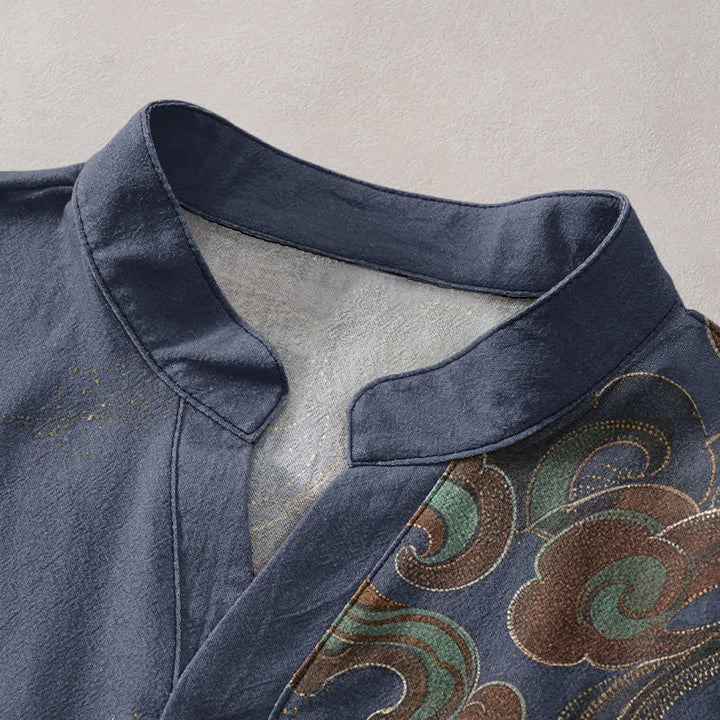Buddha Stones Chemise homme à manches courtes et demi-boutons en coton doré à motif de grues et de vagues - image 2