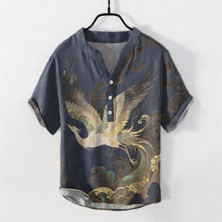 Buddha Stones Chemise homme à manches courtes et demi-boutons en coton doré à motif de grues et de vagues - Marine - US/UK/AU50，EU60 (5XL) - image 0
