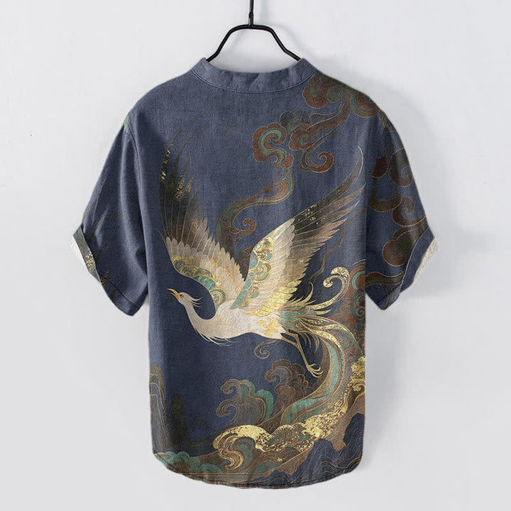Buddha Stones Chemise homme à manches courtes et demi-boutons en coton doré à motif de grues et de vagues - image 1