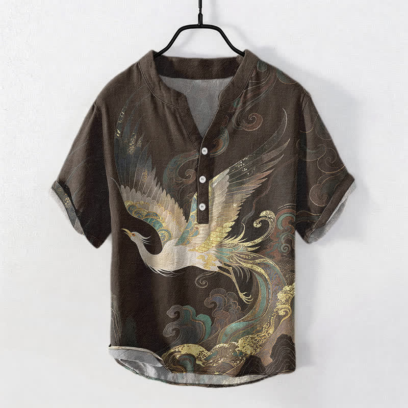 Buddha Stones Chemise homme à manches courtes et demi-boutons en coton doré à motif de grues et de vagues - SaddleBrown - US/UK/AU50，EU60 (5XL) - image 5