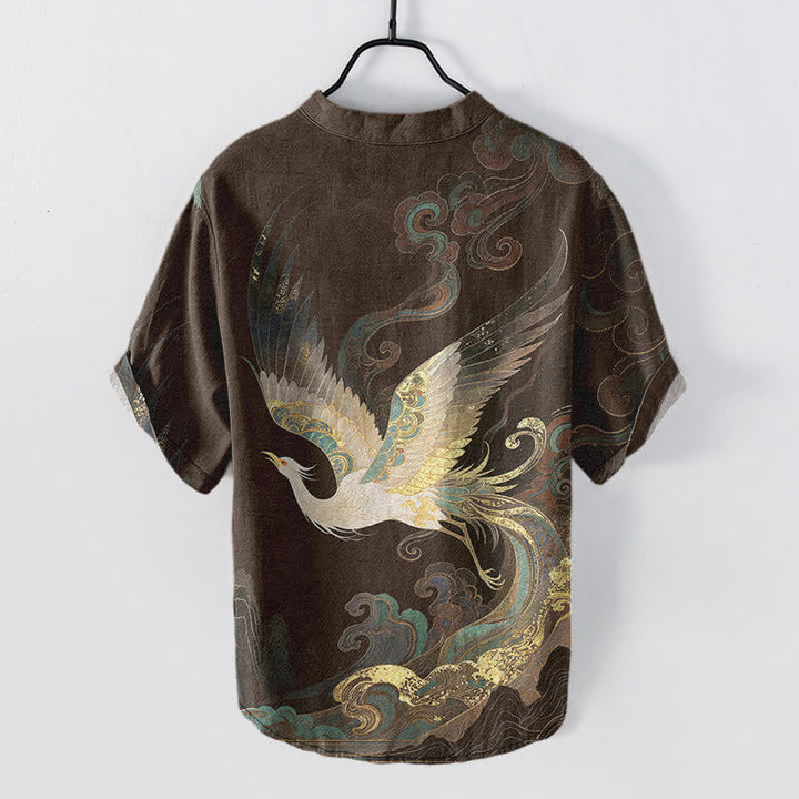 Buddha Stones Chemise homme à manches courtes et demi-boutons en coton doré à motif de grues et de vagues - image 6